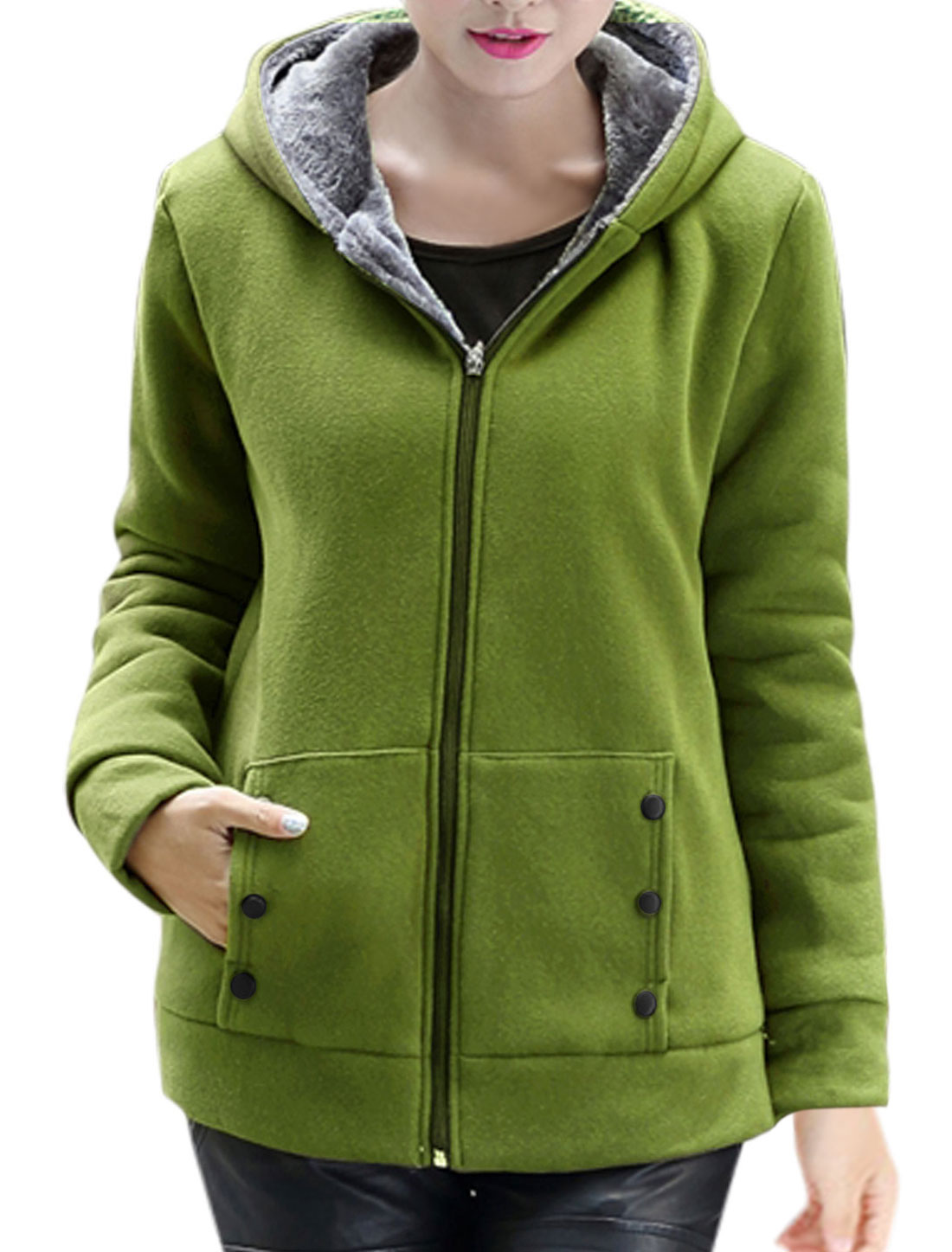 Zip Up Double Pockets Front Hooded Jackets for Women Army Green L