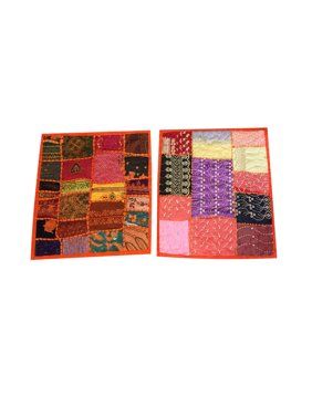 Mogul Square Patchwork Embroidered Cushion Cover Indian Home Decor Greem Pillow Cases 16x16