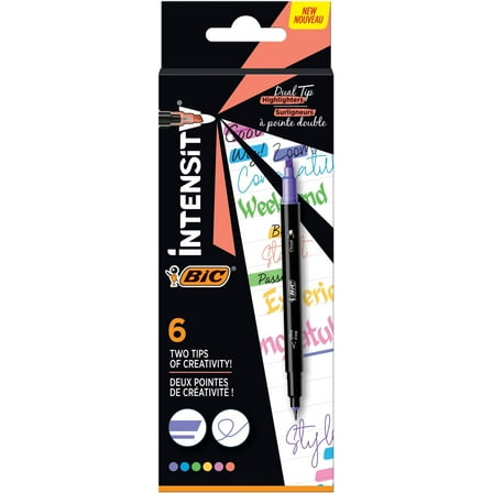 BIC Intensity Dual Tip Highlighter Pack, Medium & Broad Point, Assorted Ink 6/pack