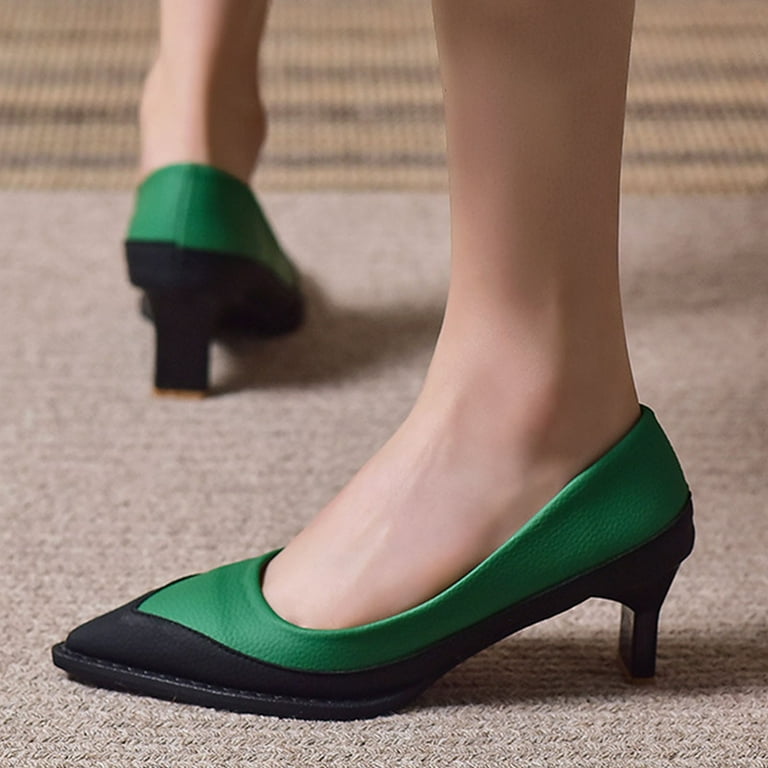 dmqupv Wide Feet Heels Women Pumps Pointed Toe Medium Heel Thick Heel Color Block Large Size Casual Style Shoes for Women Dress Shoes Green 9 Walmart
