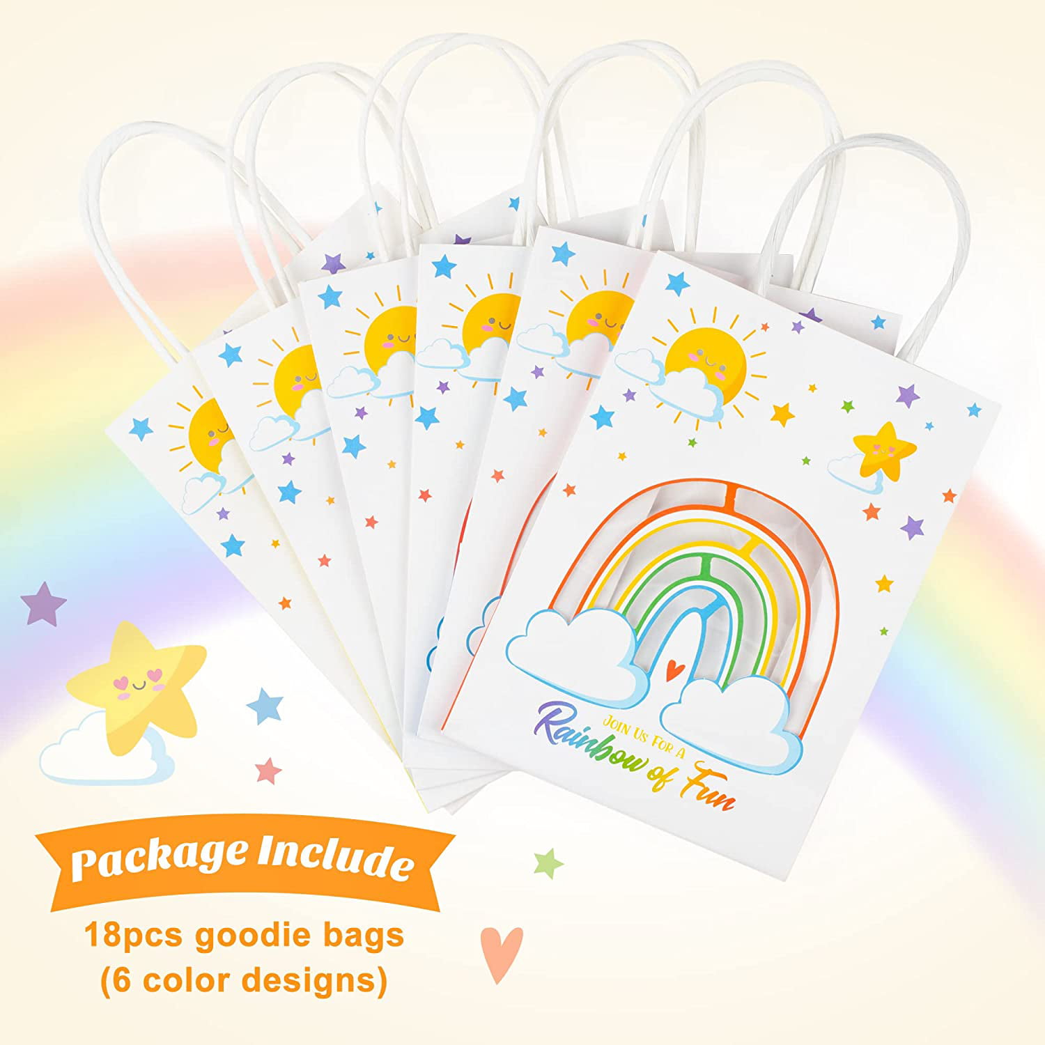 Mocoosy Rainbow Party Favor Bags for Kids Birthday, 18 Pack Rainbow Goodie Bags with Handles, Rainbow Candy Treat Bags Colorful Party Paper Gift Bags