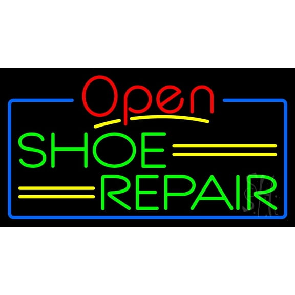 Green Shoe Repair Open With Blue Border LED Neon Sign 13 x 24 - inches, Black Square Cut Acrylic Backing, with Dimmer - Bright and Premium built indoor LED Neon Sign for store Décor, Storefront.