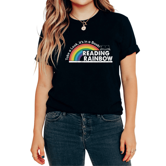 Look Its A Book Rainbow Reading Vintage Graphic Tees T-Shirt Casual Tops Short Sleeve Round Neck Black S-5XL
