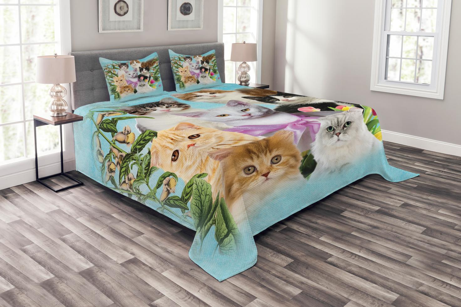 Cat Lover Bedspread Set King Size, Abstract Composition of House Cats
