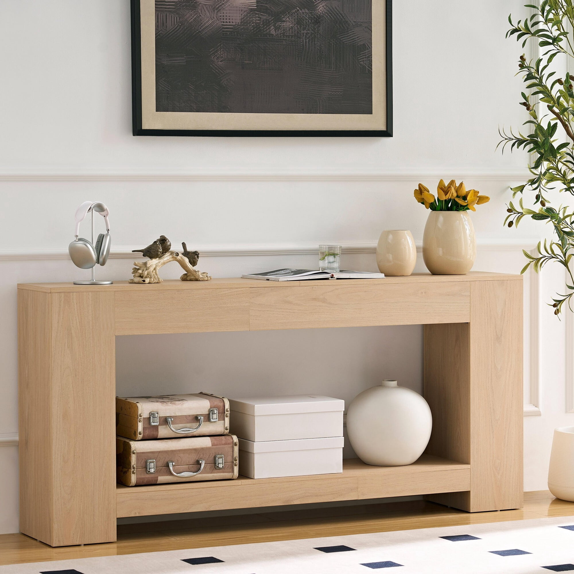 AENKYO 63" Farmhouse Console Table with Storage Shelf, Extra Long 2-Tier Sofa Table for Entryway, Light Oak