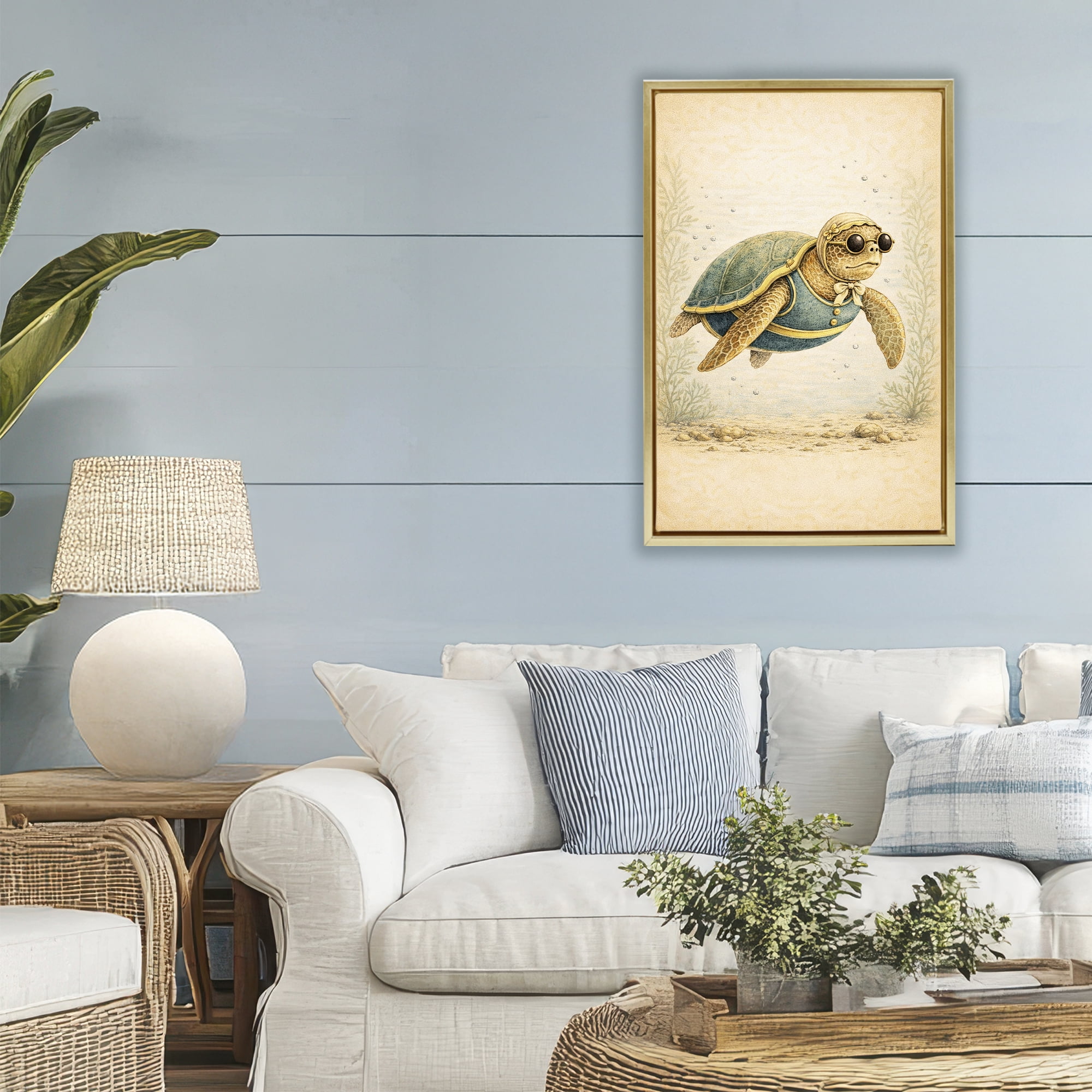 Stupell Industries Maritime Bathing Society Turtle Gold Framed Floater Canvas Wall Art, design by Grotto Studios