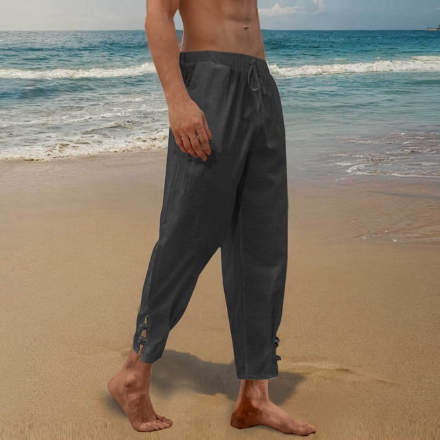 Yusimy Men's Linen Pants Solid Color Relaxed Fit Drawstring Waist Elastic Cuffs Casual Trousers Breathable Linen Fabric Side Pockets Modern Style