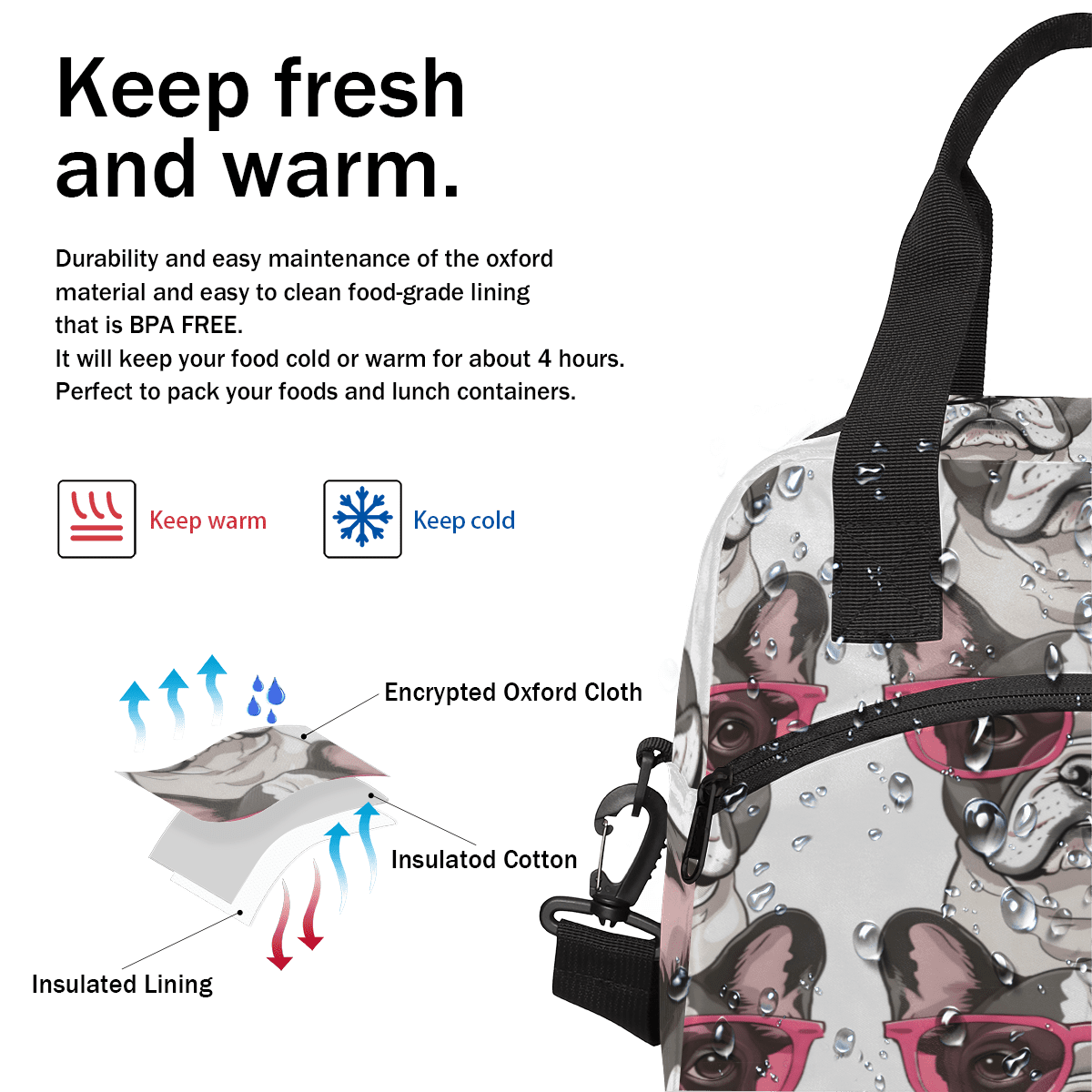 Herdesigns French Bulldogs Dog Insulated Lunch Bag for Women Men Adults Large Reusable Lunch Box Leakproof Portable Cooler Tote Bags with Adjustable Shoulder Strap
