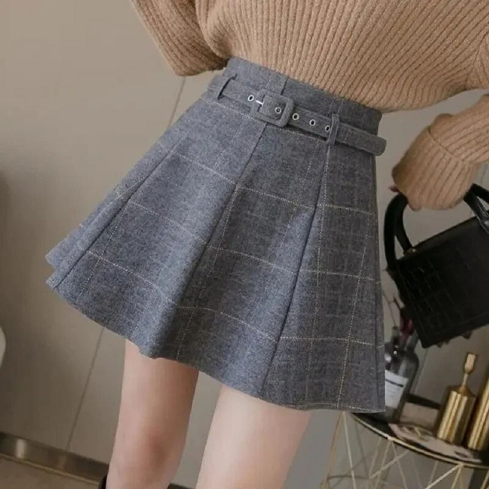 Korean style plaid skirt shorts A line high waisted mini skirts for women kawaii autumn winter wool short skirts with belt