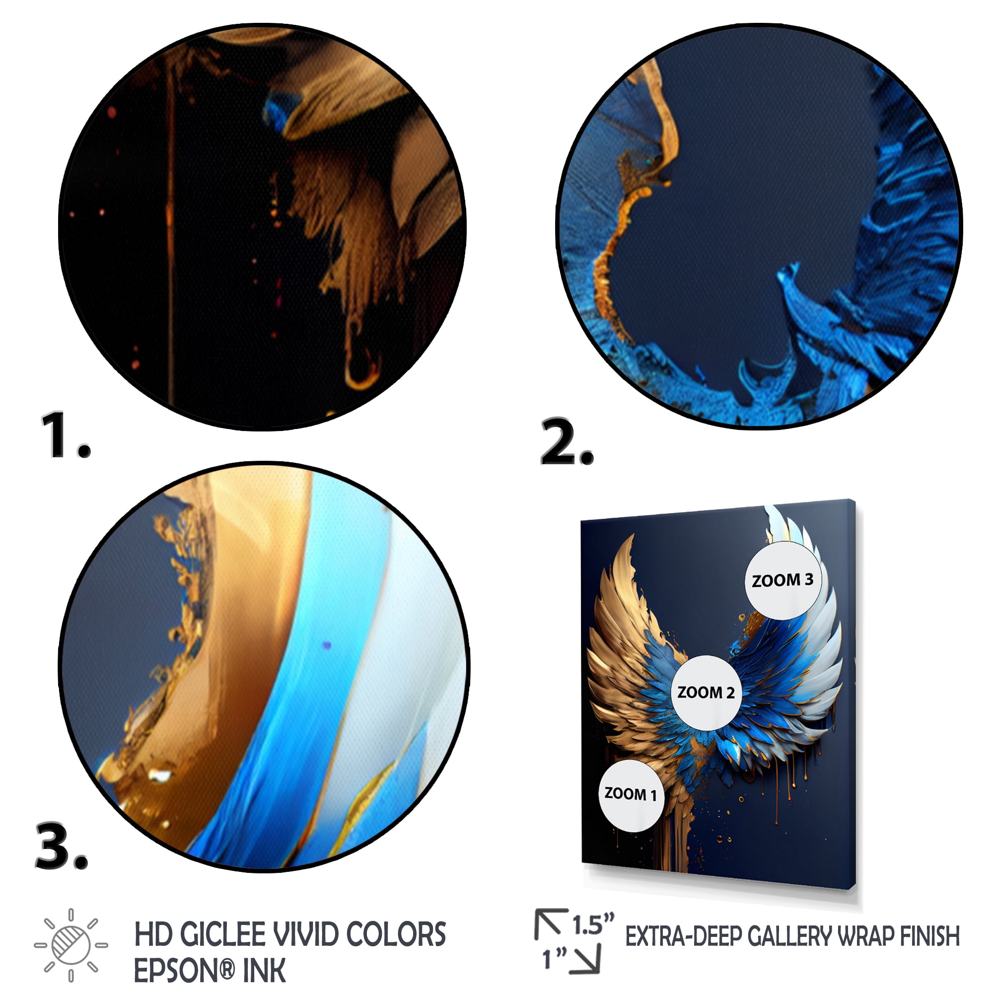 Designart Blue And Gold Angel Wings VI Canvas Wall Art