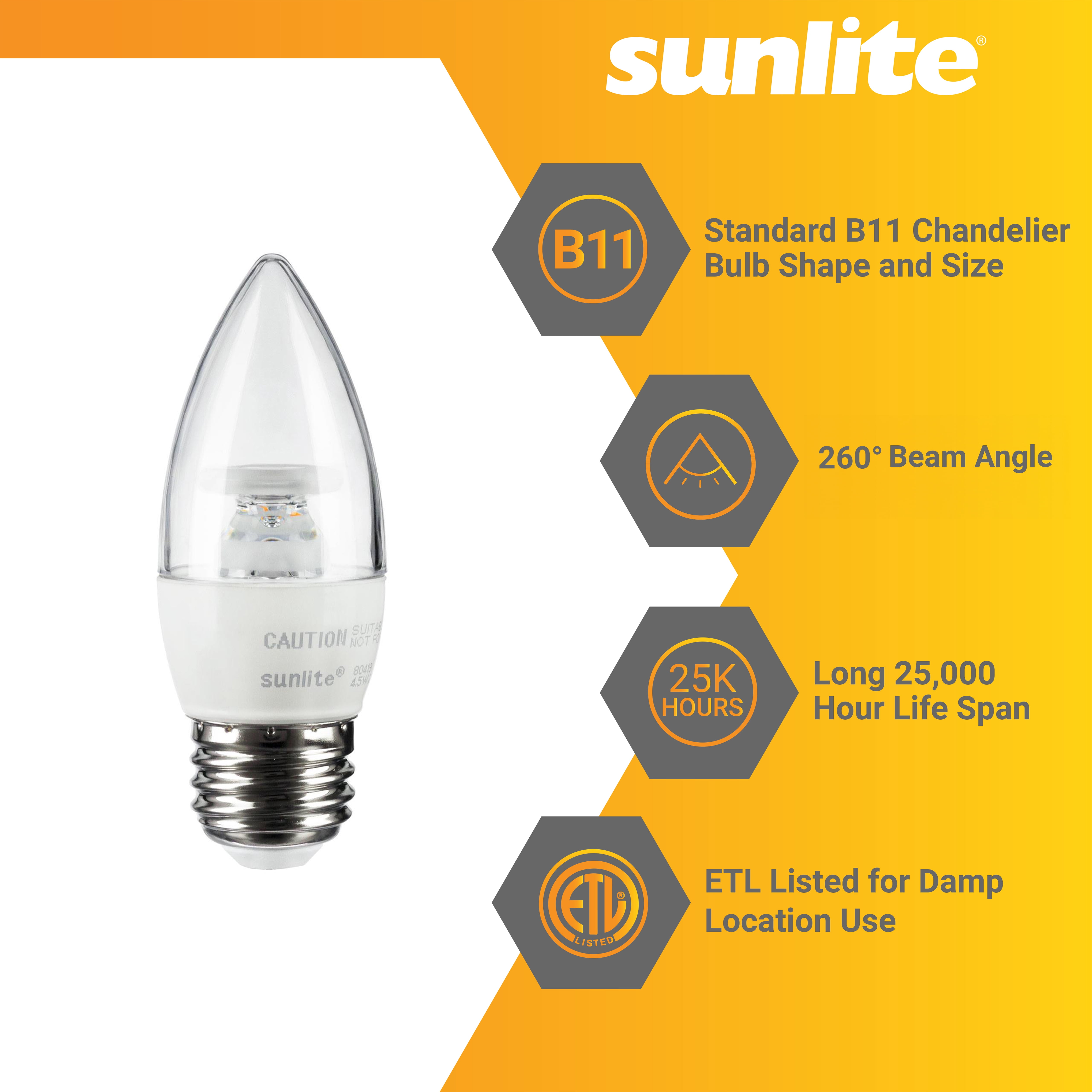 Sunlite LED B11 Torpedo Tip Chandelier Light Bulb, 4.5 Watts (40W Equivalent), Medium E26 Base, Dimmable, 2700K Warm White, Clear, 6 Pack