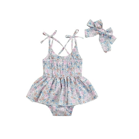 

jaweiw 2Pcs Baby Girls Bodysuit Dresses Sweet Style Summer Floral Printing Lace Up Shoulder Strap Sleeveless Suspender Romper + Headwear