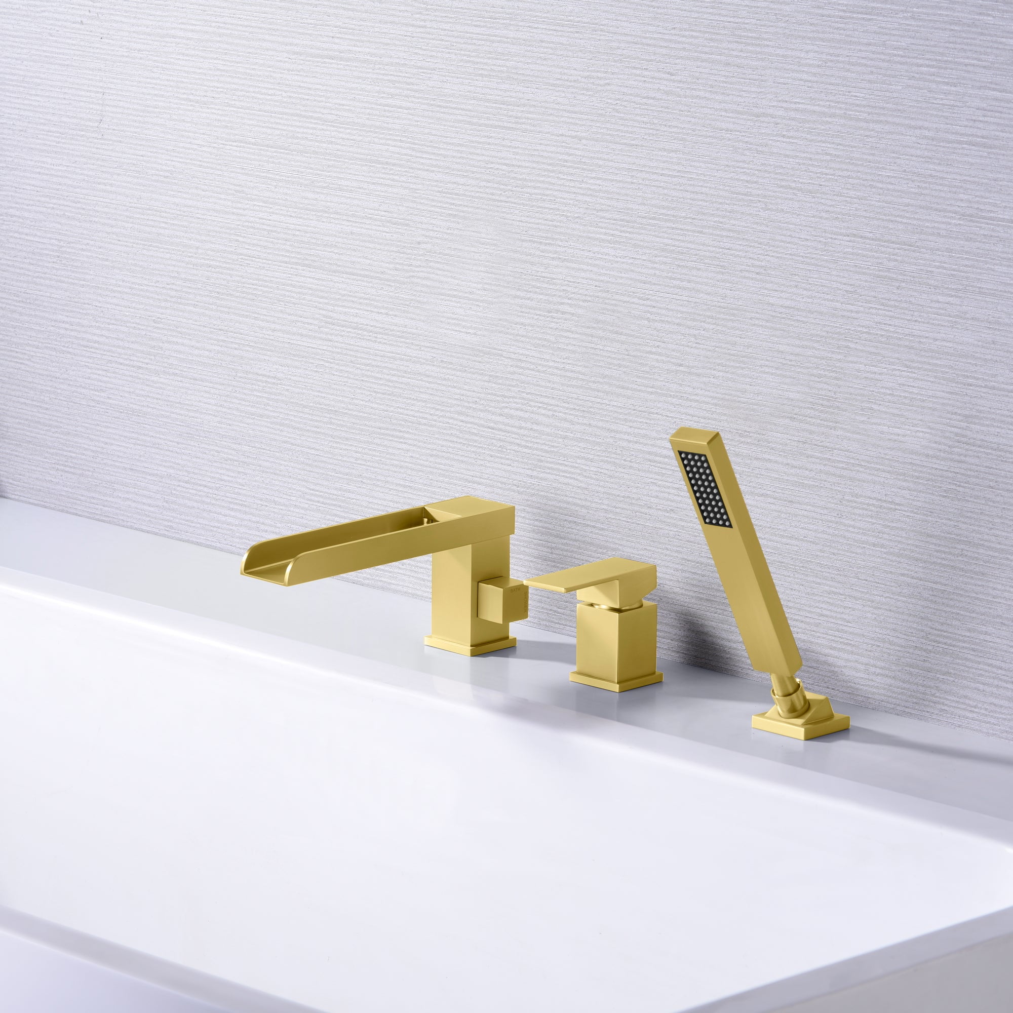 3 Hole Brushed Gold Waterfall Roman Tub Faucet with Hand Shower and Valve Sumerain