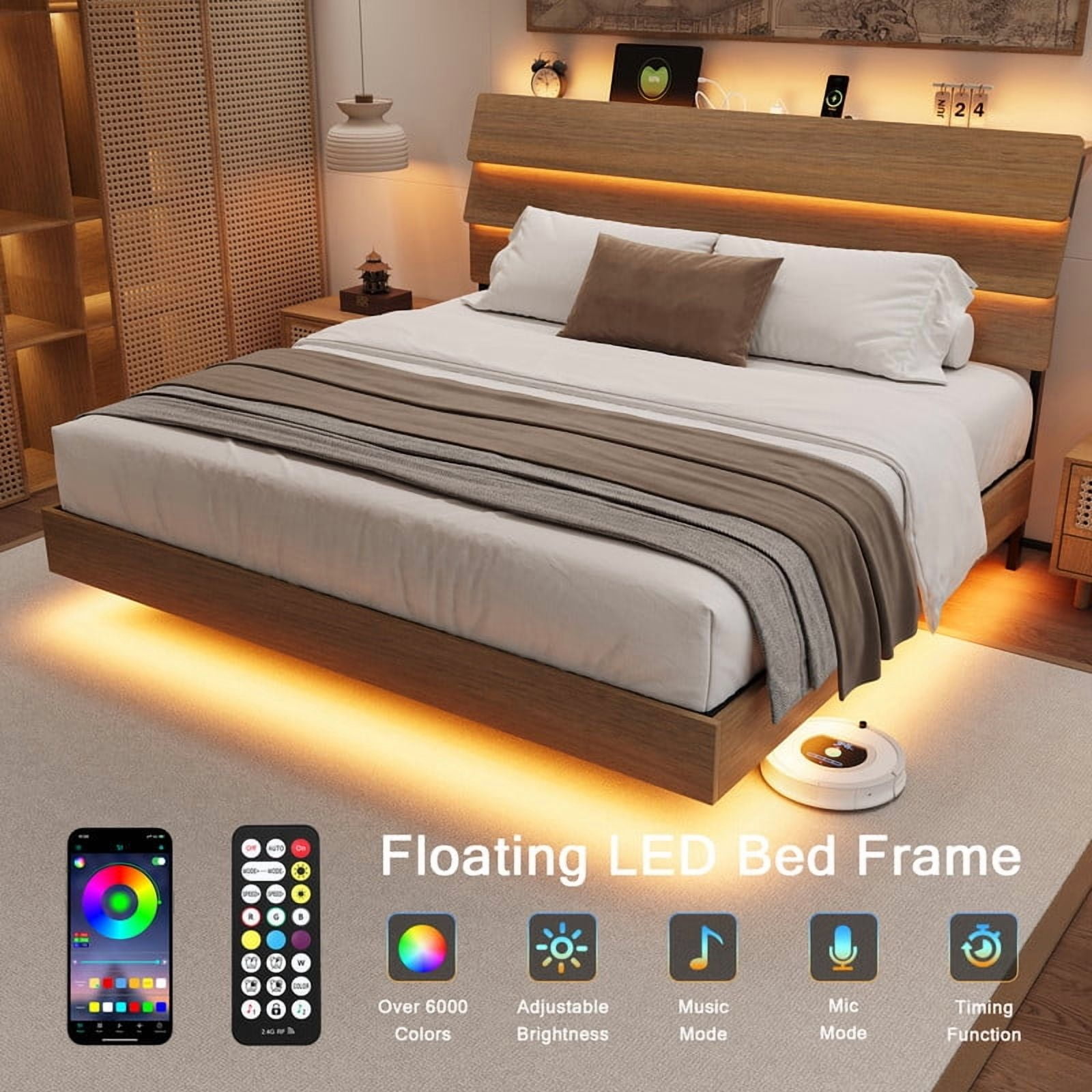 Einhomn Floating Bed Frame King Size with Storage Headboard, LED Lights and Charging Station, No Box Spring Needed