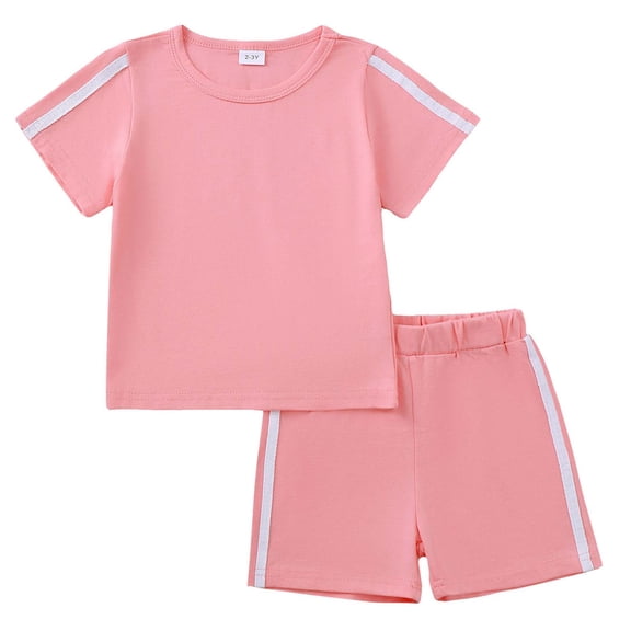 Kucnuzki 3T Toddler Girl Outtfit Set 4T Girls Summer Clothes Sets Short Sleeves T-shirt Top Color Block Shorts 2pcs Clothing Light Pink 3-4Y