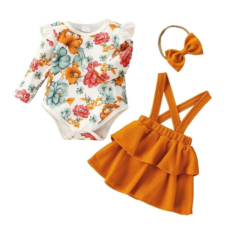 

Hunpta Newborn Baby Girls Long Ruffled Sleeve Floral Print Romper Bodysuit Tops Solid Suspender Skirt With Headbands Outfits3PCS