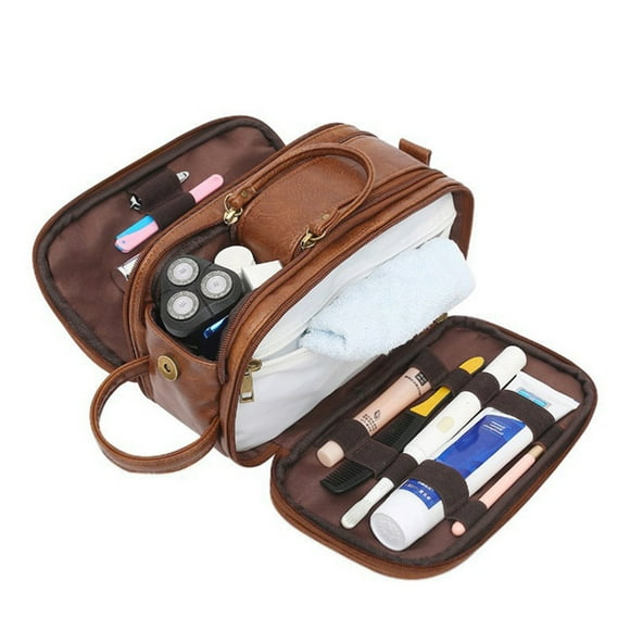 Neceser para hombre, de piel de poliuretano (PU), grande, impermeable, para viaje, neceser, neceser con bolsa de piel para artículos húmedos y secos