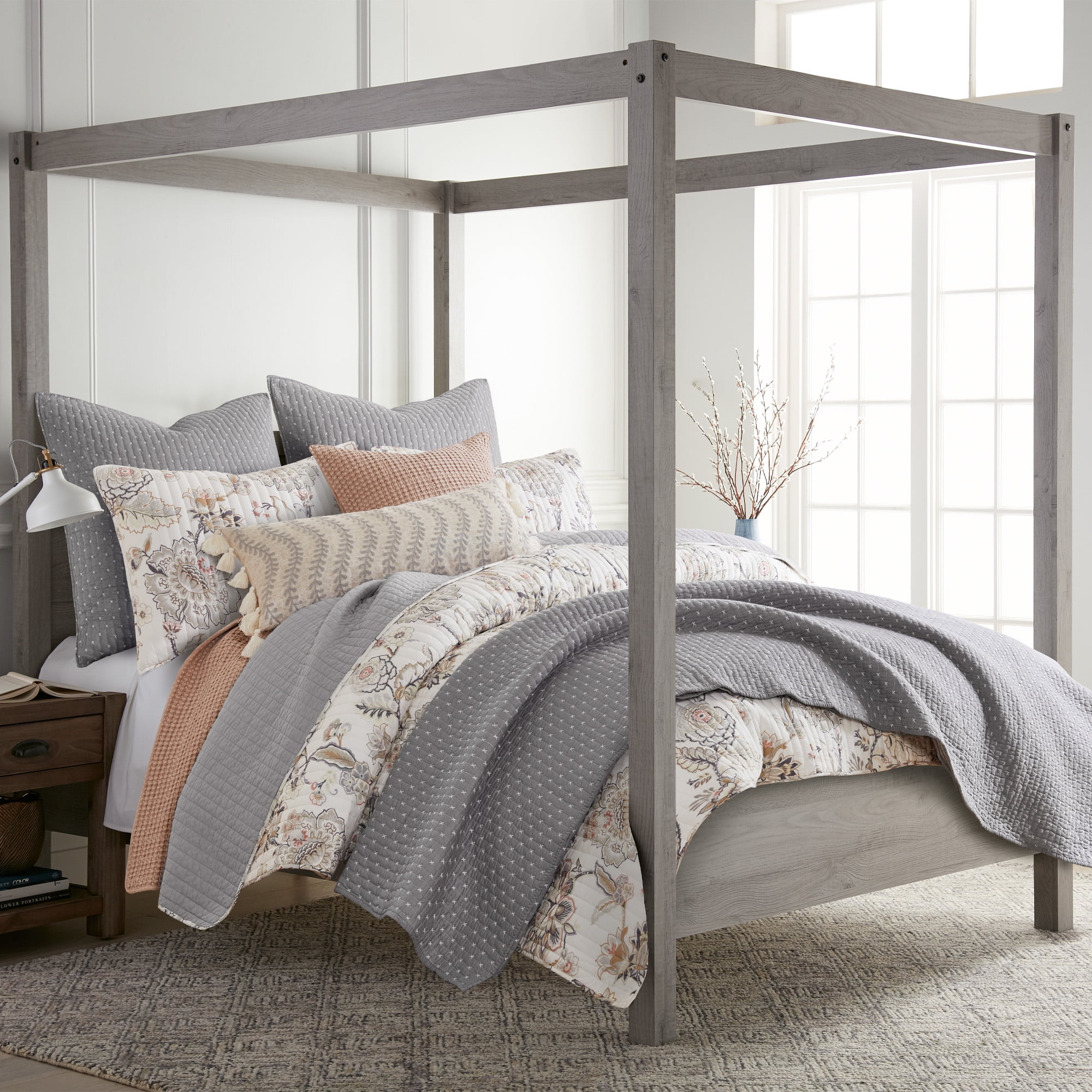 Levtex Home - Ophelia Quilt Set - King Quilt and Two King Shams - Floral - Taupe Grey Cream Blush - Quilt (106x96in.) and Shams (20x36in.) - Reversible - Rayon/Cotton