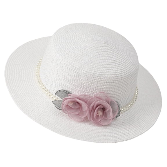 Women's Hepburn Style Straw Sun Hat Floral Pearl Decorated Wide Brim UV Protection Bucket Hat