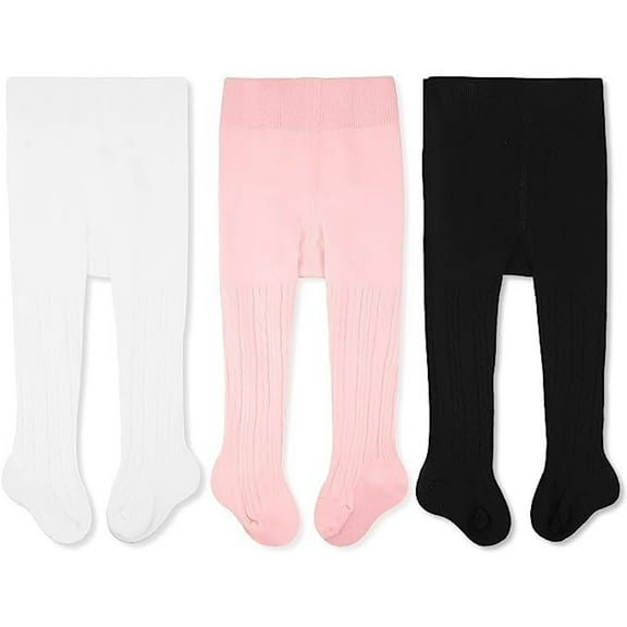 CozyWay Cable Knit Cotton Leggings/Tights for Baby Girls, 3 Pack, White/Pink/Black, 3-6 Months Old