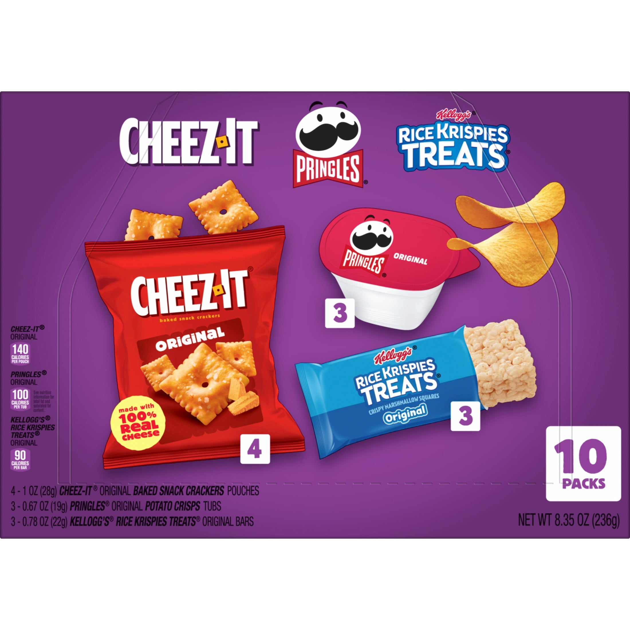 (4 pack) Rice Krispies Treats, Cheez-It, Pringles Sweet and Salty Variety Pack Snacks, Snack Packs, 10 Count