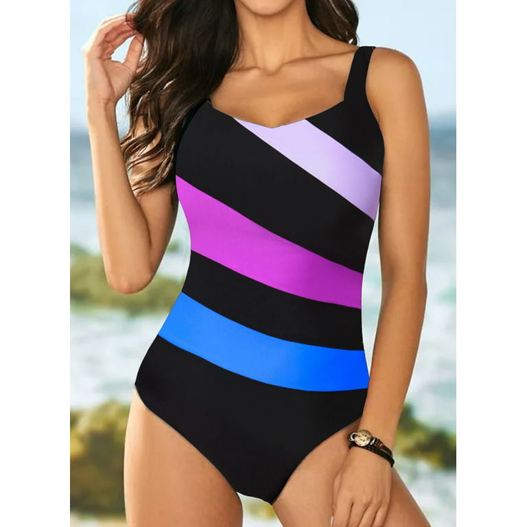 SHEWIN Womens One Piece Swimsuits Color Block Print Bathing Suits