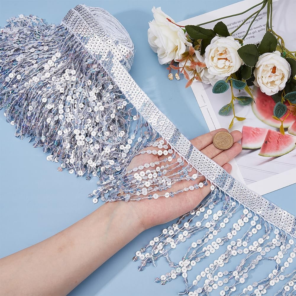 10.94 Yards Sequins Tassel Ribbon Trim 17cm/6.69inch Wide Sequins Fringe Trim Paillette Lace Trim Bling Sewing Fringe Trim Silver Sparkle Tassel Lace Ribbon for Sewing Craft Home Party Silver
