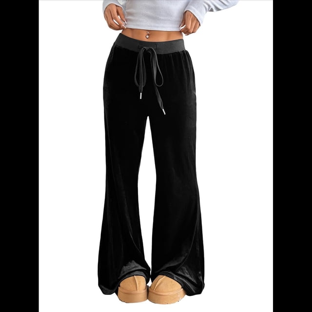 Pantalones de Terciopelo para Mujer con Cintura con Cordón y Pierna , Pantalones Casuales de Estar por Casa. Negro S