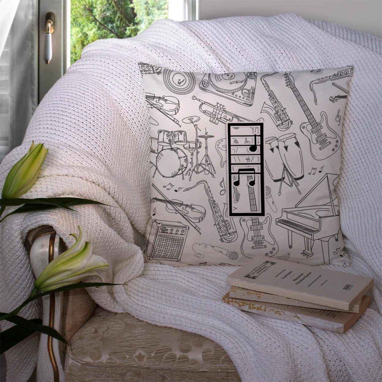 Carolines Treasures CJ2007-IPW1414 Letter I Musical Note Letters Canvas Fabric Decorative Pillow 14Hx14W multicolor