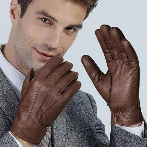 Men Genuine Leather Gloves Driving Gloves Warm Fur Lined Classic Dress Sheepskin Gloves Hand-stitched