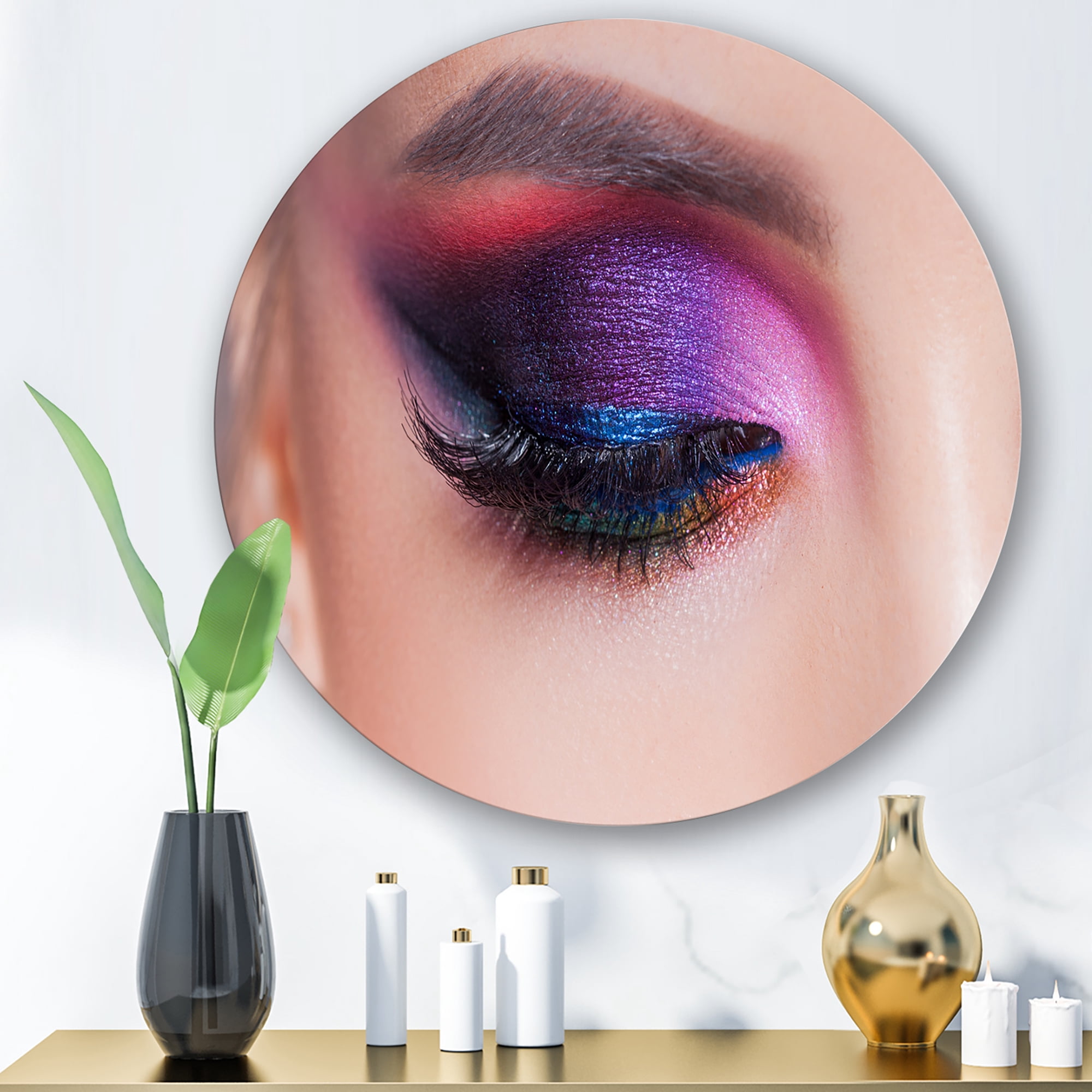 Designart 'Bright Eye Makeup In Luxurious Blue And Pink Shades' Modern Circle Metal Wall Art 11x11 - Disc of 11