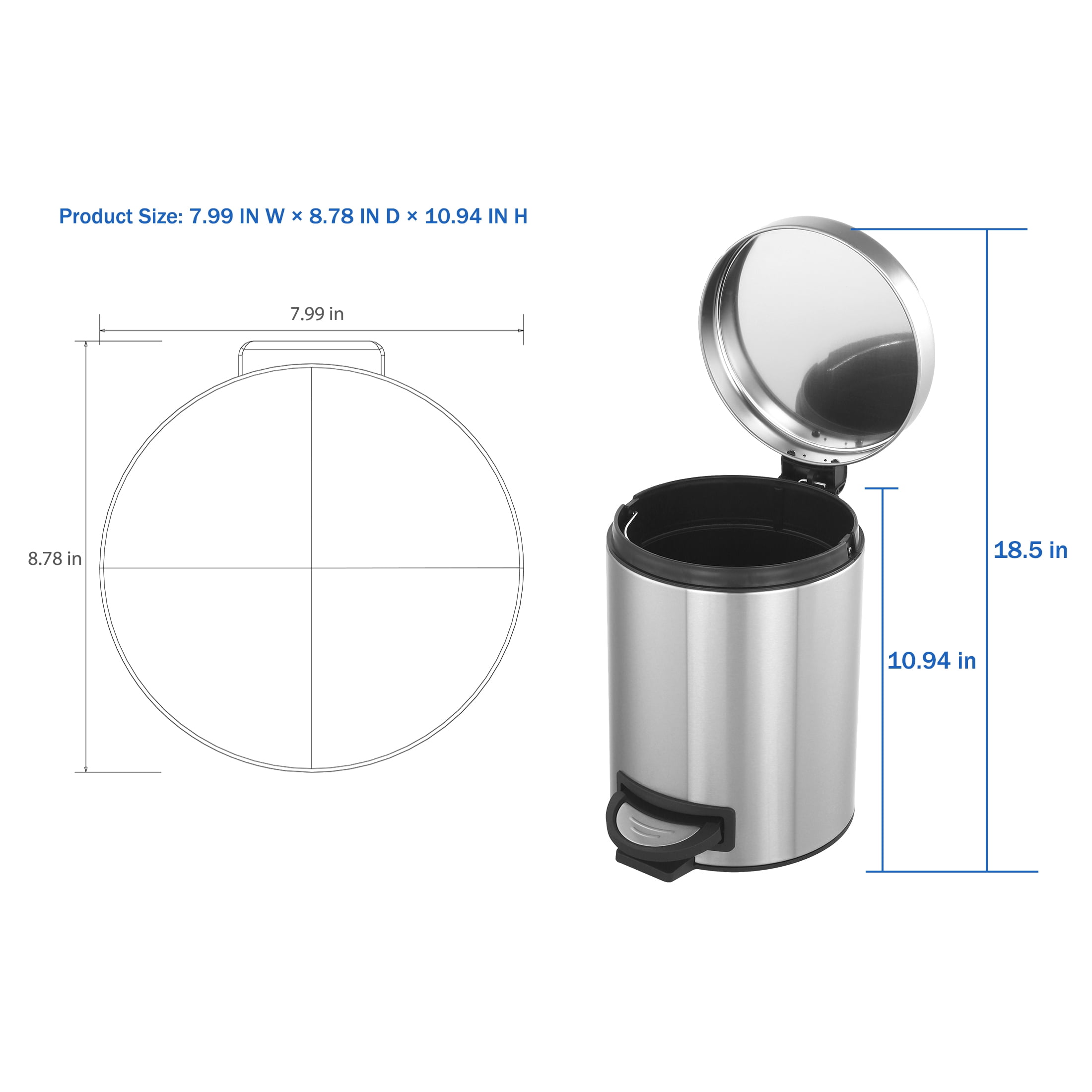Koomade 2 Pack Bathroom Kitchen Trash Can, 1.3 Gallon Stainless Steel Step Round Garbage Bin, Silver