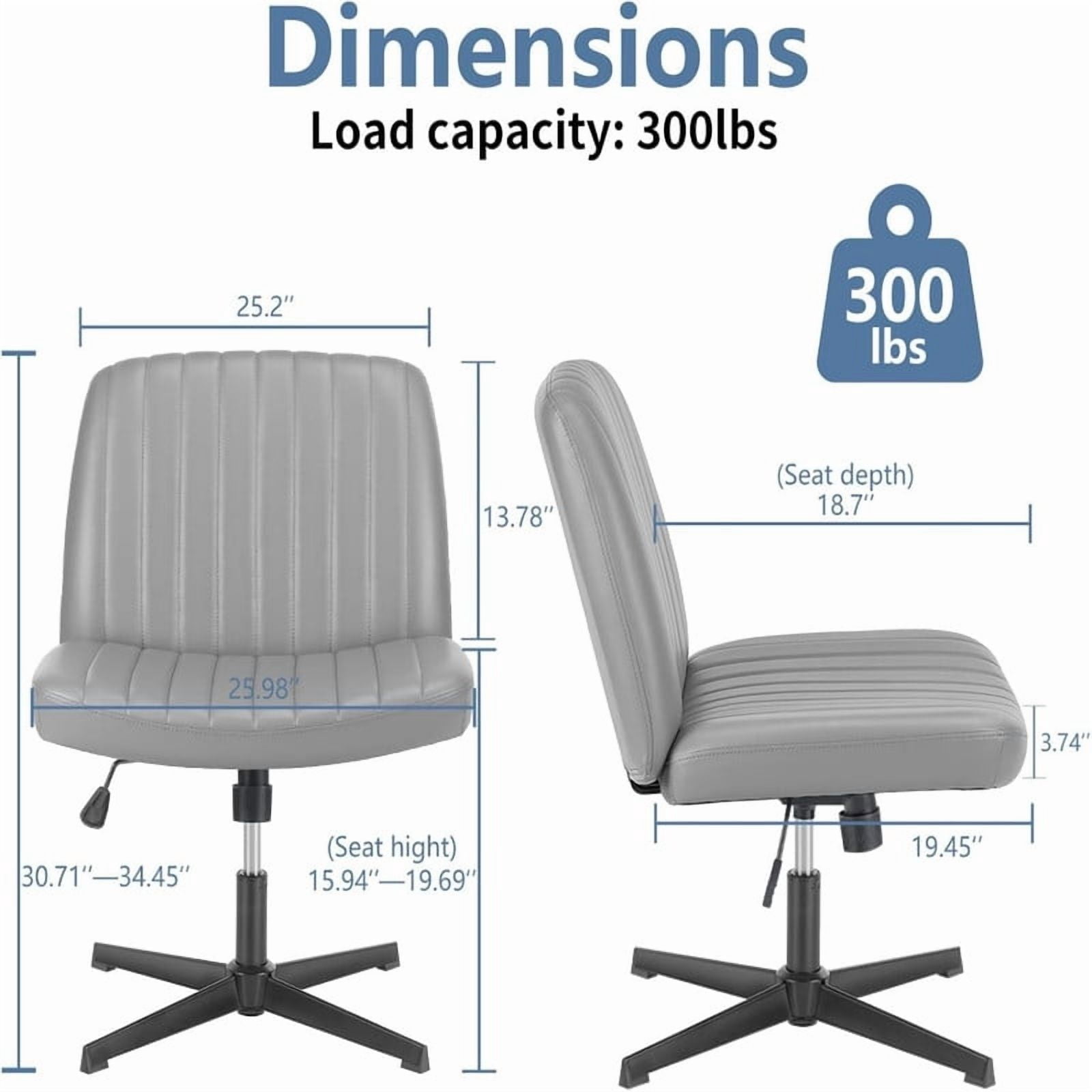 Kelno PU Leather Cross Legged Desk Chair Wide Seat Chair Ergonomic Height Adjustable Swivel Office Vanity Chair, Grey