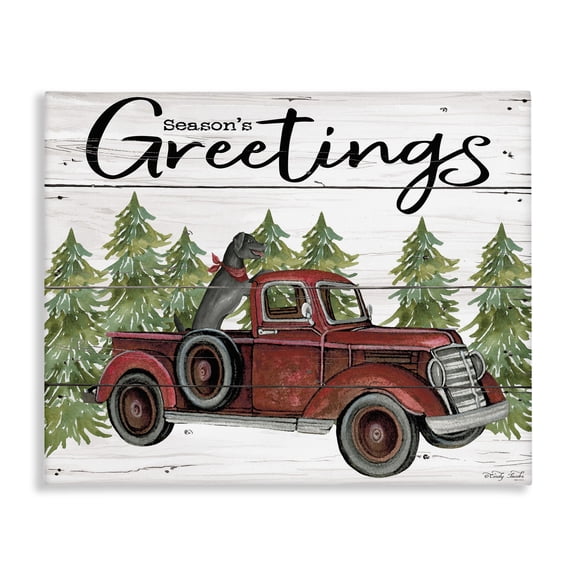 Stupell Industries Rustic Lodge Seasons Greetings Dog in a Red Truck on Planks Canvas Art, 20 x 16, by Cindy Jacobs