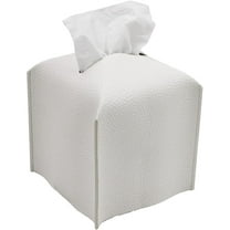Tissue Box Cover, Square Decorative PU Leather Tissue Box Holder Modern Tissue Case Facial Paper Organizer Dispenser for Bathroom, Vanity Countertop, Night Stands, Desk 5X5X5'' | Off White