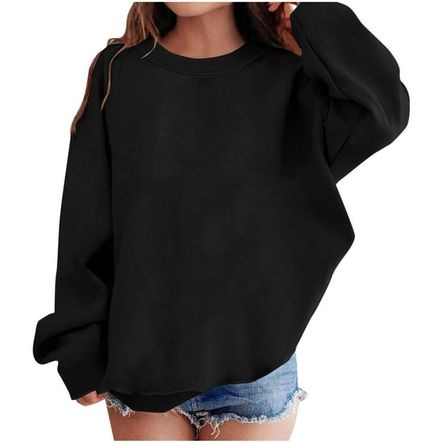 Lovzfmll Girls' Solid Color Ribbed Cuff Long Sleeve Sweatshirt, Casual Drop Shoulder Pullover Top for Fall/Winter for Little Girls 9-10 Years