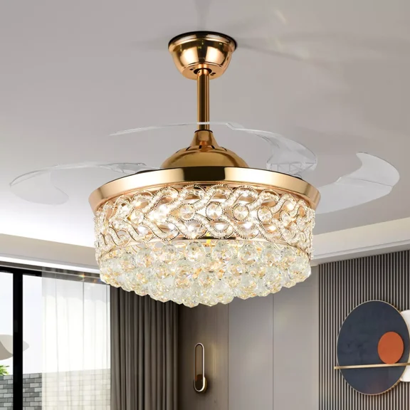 AFANQI 42inch Crystal LED Ceiling Fan Light Remote Control Indoor Fan Light Chandelier