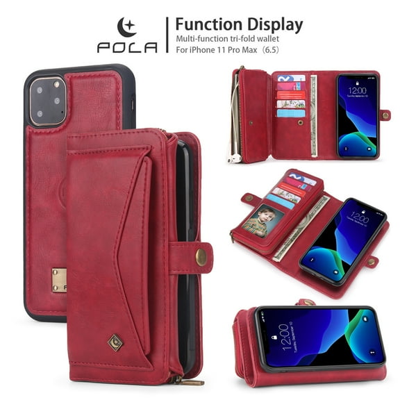 iPhone 11Pro 5.8 inch Wallet Case, Dteck 2 in 1 Leather Zipper Purse Multi-Function Tri-fold Wallet Case Detachable Magnetic Phone Cover with 14 Card Slots Money Pocket For iPhone 11 Pro,Red