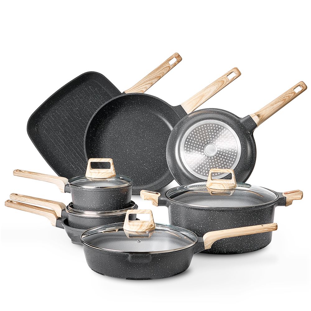 19 Piece Pots and Pans Set, Granite Nonstick Cookware Set, Induction Cookwares, Kitchen RV Cooking Sets with Frying, Sauce, Saute, Tempered Glass Lids, and Pan Protectors, Black