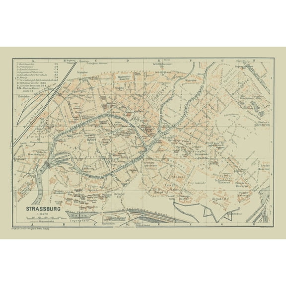 Historic Map - Strasbourg France - Baedeker 1914 - 34.18 x 23 - Vintage Wall Art