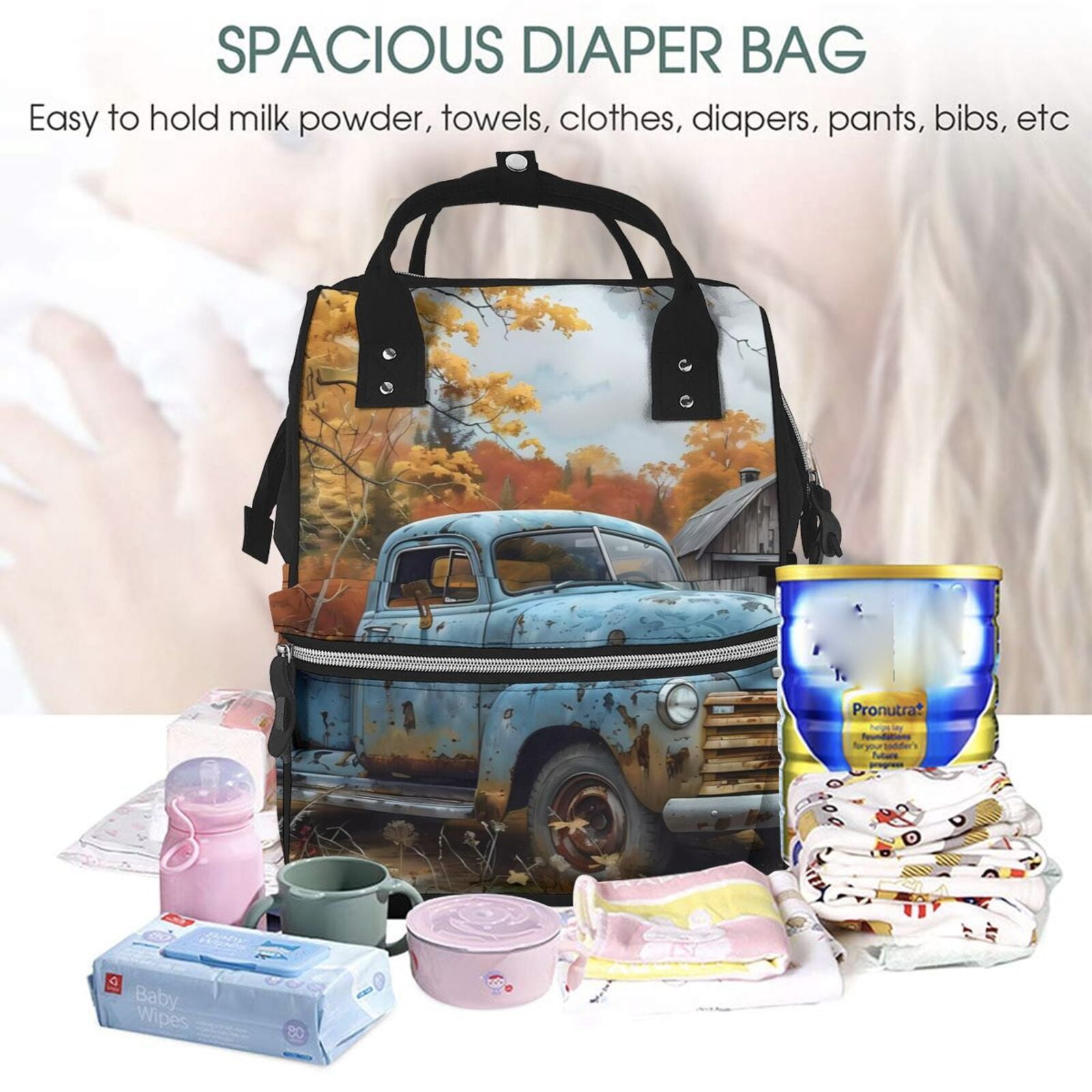 Fuzoiu Rustic Vintage Truck Autumn Print Diaper Bag Backpack,Baby Essentials Travel Tote,Multi function Waterproof Diaper Bag, Travel Essentials Baby Bag - Unisex