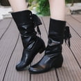 thumbnail image 4 of Domuza Women Slouchy Mid Calf Boots with Back Lace Up Bow, Smooth Faux Leather Low Block Heel Casual Dress Boots for Autumn Winter Daily Dating Party Black 9（EU-42）, 4 of 4