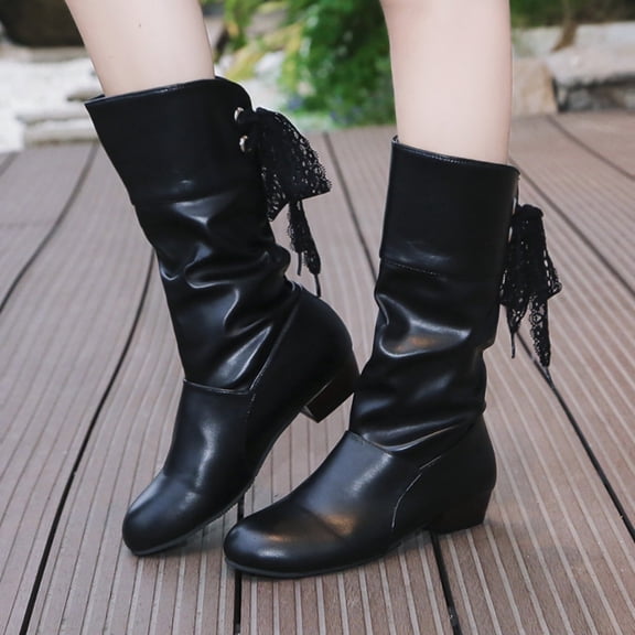 IEMIEMIEM Womens Boots High Comfortable Pull On Mid-Calf Flats Boots with Bow Tie Fashion PU Leather Lace Up Chunky Low Heels for Winter Fall Black 5.5 Wide