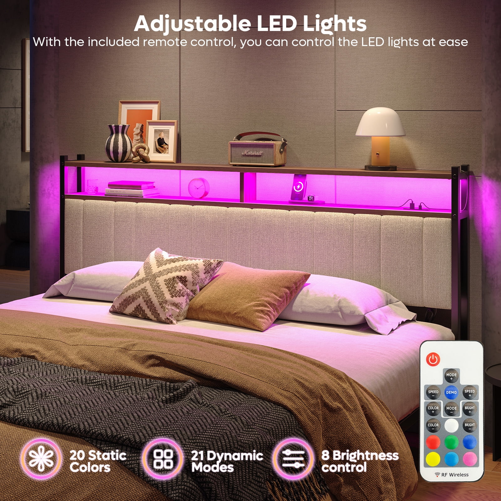 Pinmoco Headboard for King Size Bed with Storage, Linen Upholstered Head Board with LED Light and Charging Station, Beige (Headboard Only)