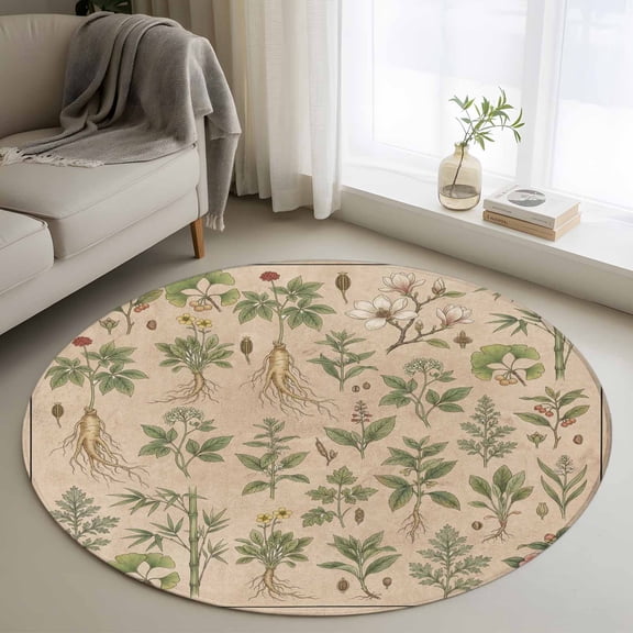 Round Area Rug 3 Ft, Vintage Botanical Washable Non-Slip Circle Carpet for Living Room/Bedroom, Country Herbs Leaves Plants Flowers Brown Low-Profile Small Floor Mats Collection Rugs for Indoor