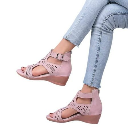 

XWQYRG Summer Fish Mouth Open Toe Slip-on Sandals Womens Platform Wedge Slides Slip on Hollow Sandals Roman Leather Slippers with Arch Support Casual Comfy Walking Shoes