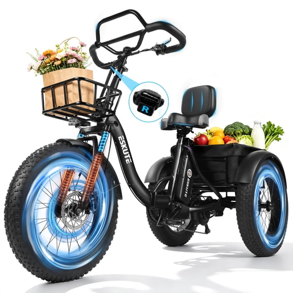 ESKUTE T300P Adult Electric Tricycle with Reverse, 3 Wheel Electric Bike, Foldable E Trike, 998.4Wh Battery, 20" x 4.0" Fat Tire, Stable Ride Tricycle for Seniors & Parents, Black, UL2849