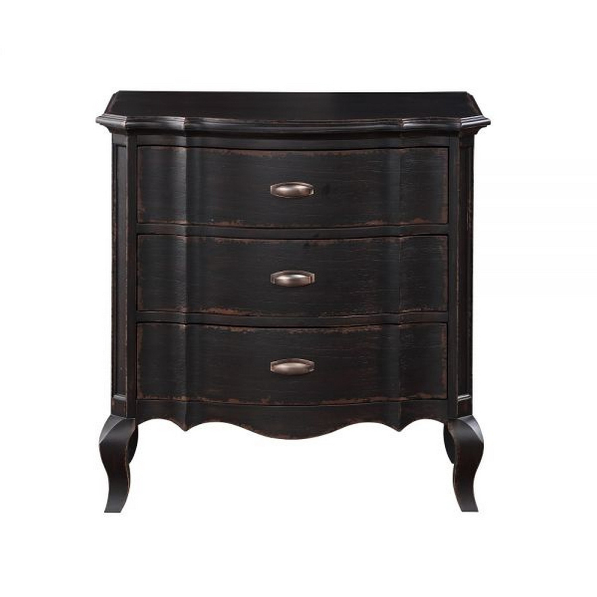 Benjara Cherry 30" Nightstand- 3 Drawers- Cabriole Legs- Rubberwood- Black