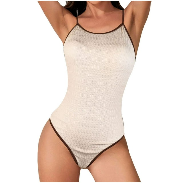 Pisexur Womens Swimsuits Tummy Control One Piece Bathing Suits Solid Color High Waisted Swimwear Fashion Modest Ribbed Monokini Round Neck Swimsuits