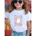 thumbnail image 1 of Girls' Halloween-Themed Short Sleeve T-Shirt - "Boo" Ghostly Print with Colorful Lettering, Soft Microfiber Casual Top for Youngsters, Perfect for Halloween Celebrations, Halloween Decorati, 1 of 6